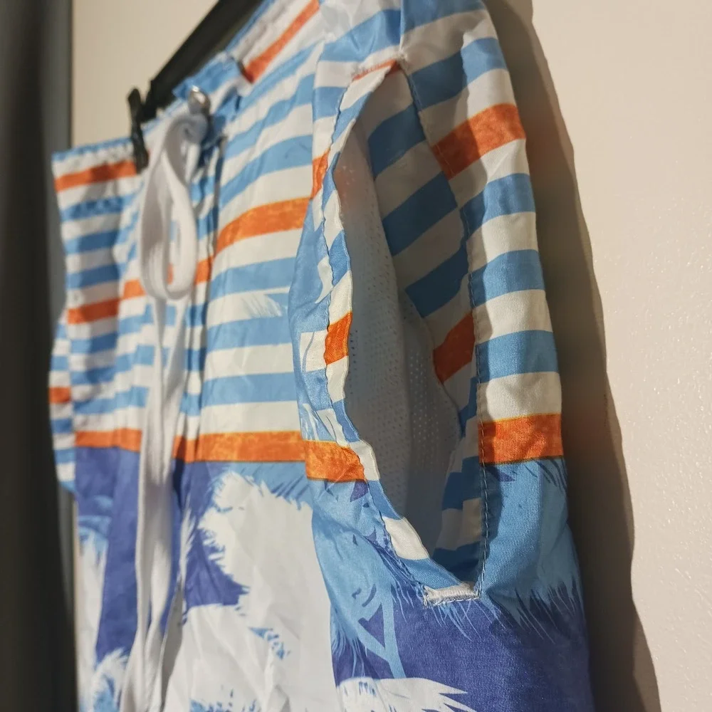 Original Deluxe Swim Trunks Blue Tropical Palm Tree Striped Board Shorts L